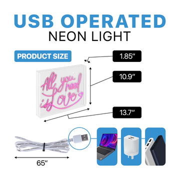 All You Need Is Love Contemporary Glam Acrylic Box USB Operated LED Neon Light - JONATHAN Y